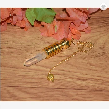Gold Plated Metal Pendulum with Crystal Quartz Pencil I 5 Ring Isis Openable Pendulum I Metal Pendulum