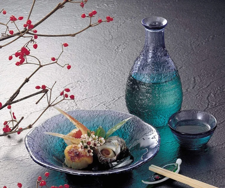 TOYO SASAKI GLASS blue and green cold sake glass set made in JAPAN 14802