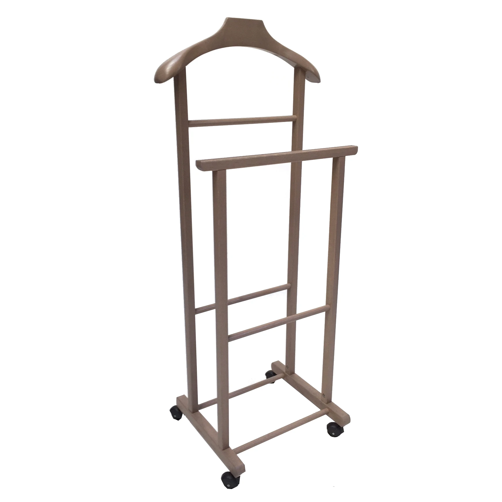 Premium quality Italian double valet stand in beech wood dove grey color with shaped hanger with shaped hanger for bedroom