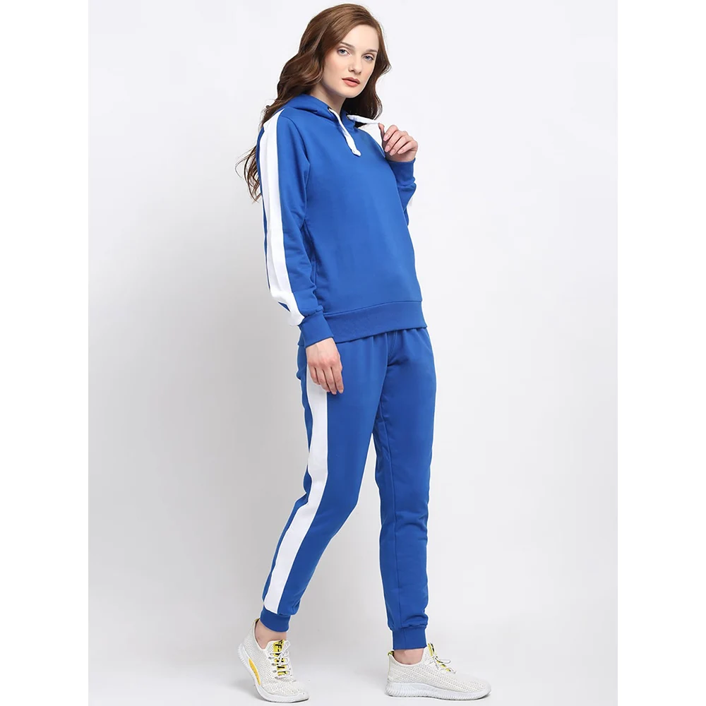 High Quality Blue And White Winter Warm Customized Zip Up Stylish Full Sleeve Color Block Sports Tracksuit For Women 2022