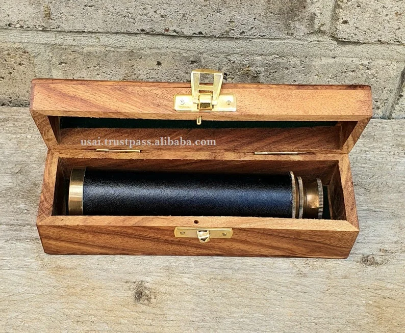 Antique Design 12 Inch Telescope Handheld Wooden Box Optic Nautical Pirate Scope Spyglass Leather Covered Telescope with Anchor