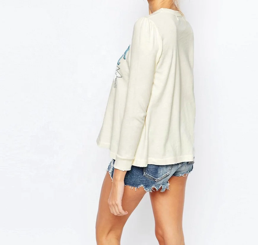 Pure soft cotton jersey regular fit round neck slogan printed women long sleeve tops with raw edge detailing t shirt for girls