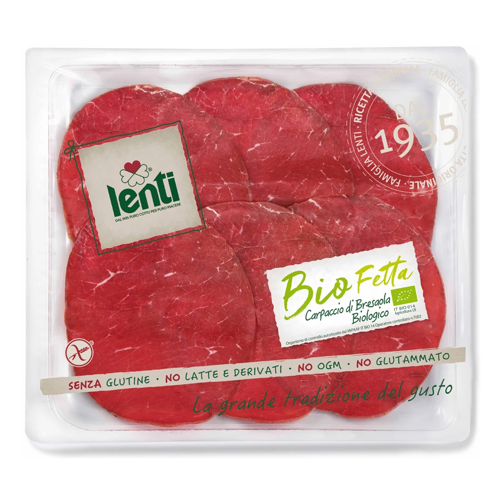 Organic Bresaola Carpaccio High Quality Presliced Trays LENTI Made in Italy 0,100 Kg for wholesalers and retail