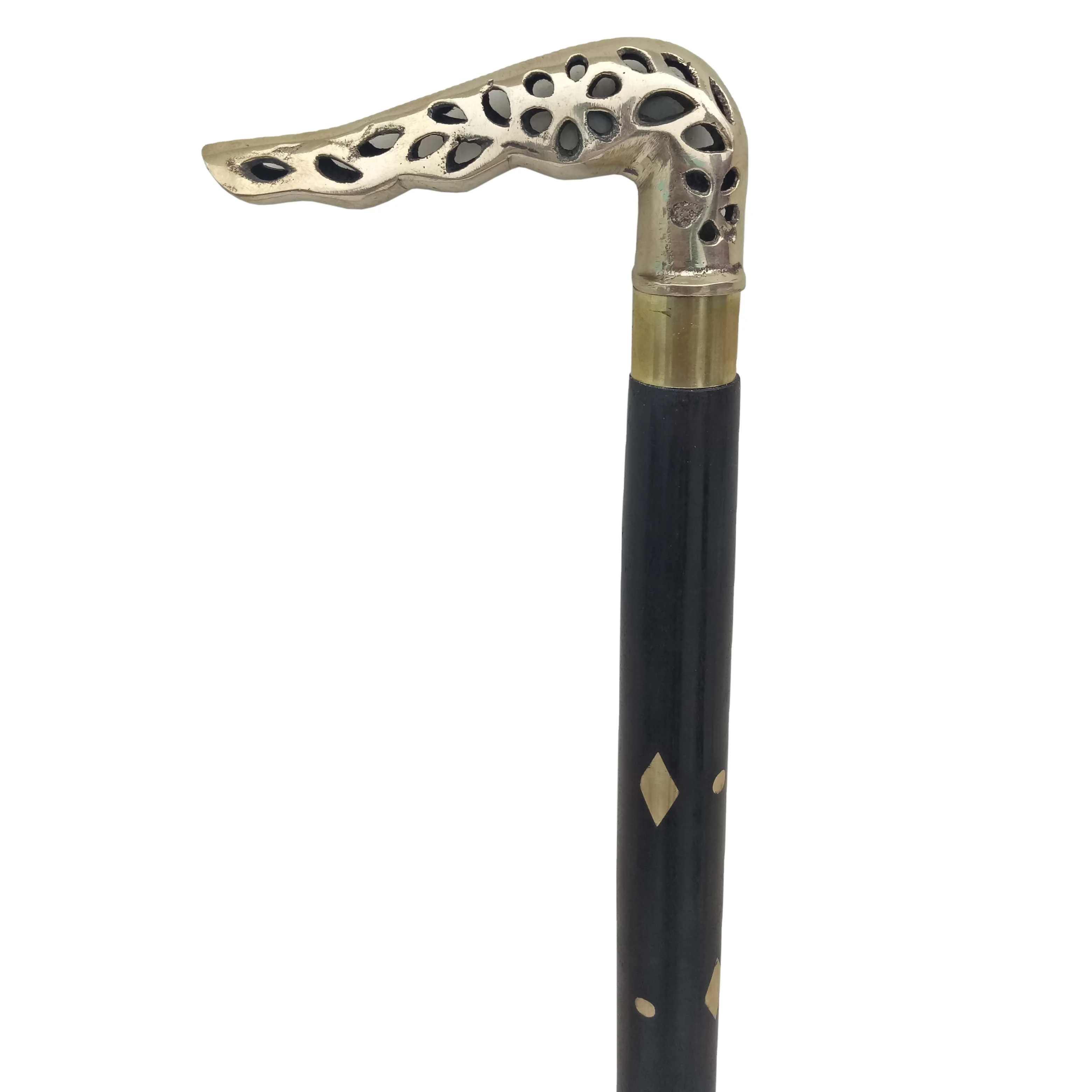 Nautical Vintage Design Black Wood Walking Stick with Brass Leaf Design Handle 36 inch Wooden Foldable Walking Stick