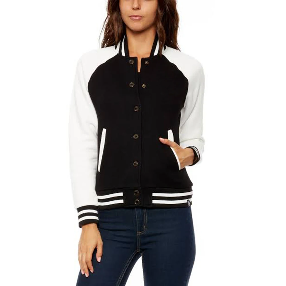 Black Wool With White Rib Sleeves Button Front Pockets Varsity Women Jackets