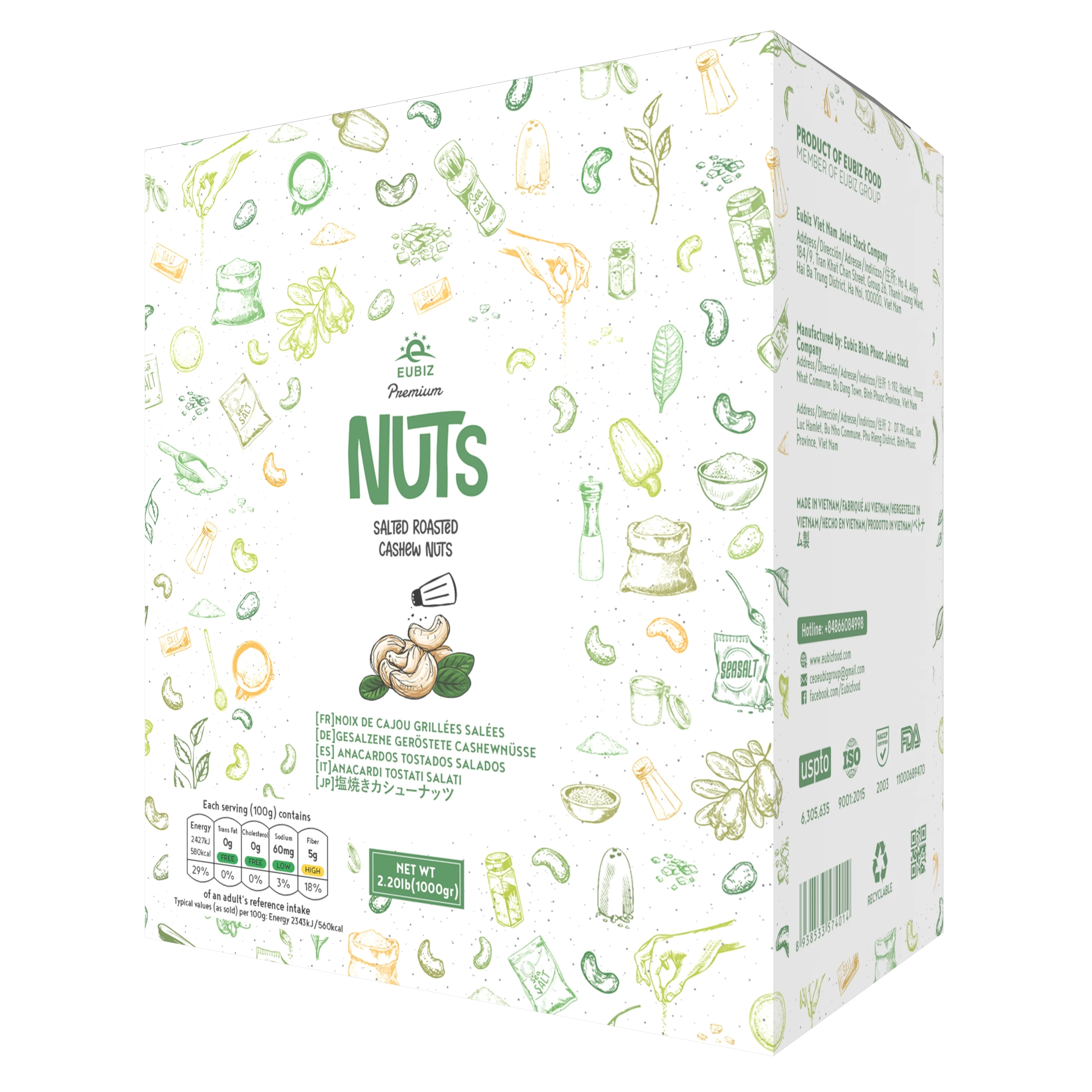 EUBIZ - Cashew Nuts - Flavor: Salted - No Silk-shell - Box (1000 3 3z) - Made in Vietnam ( Paper Box)