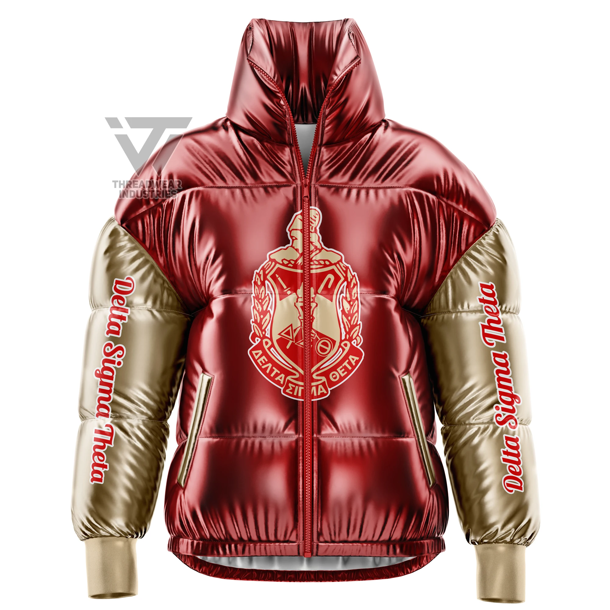 Индивидуальная сублимированная Delta | Sigma | Theta | DST Sorority металлическая Глянцевая стеганая куртка