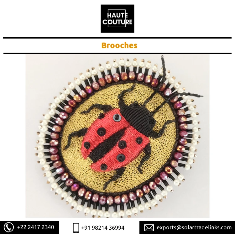 Genuine Quality Oval Shape Handmade Fashion Jewelry Thread Embroidered Red Lady Bug Beetle Brooch for Women from India