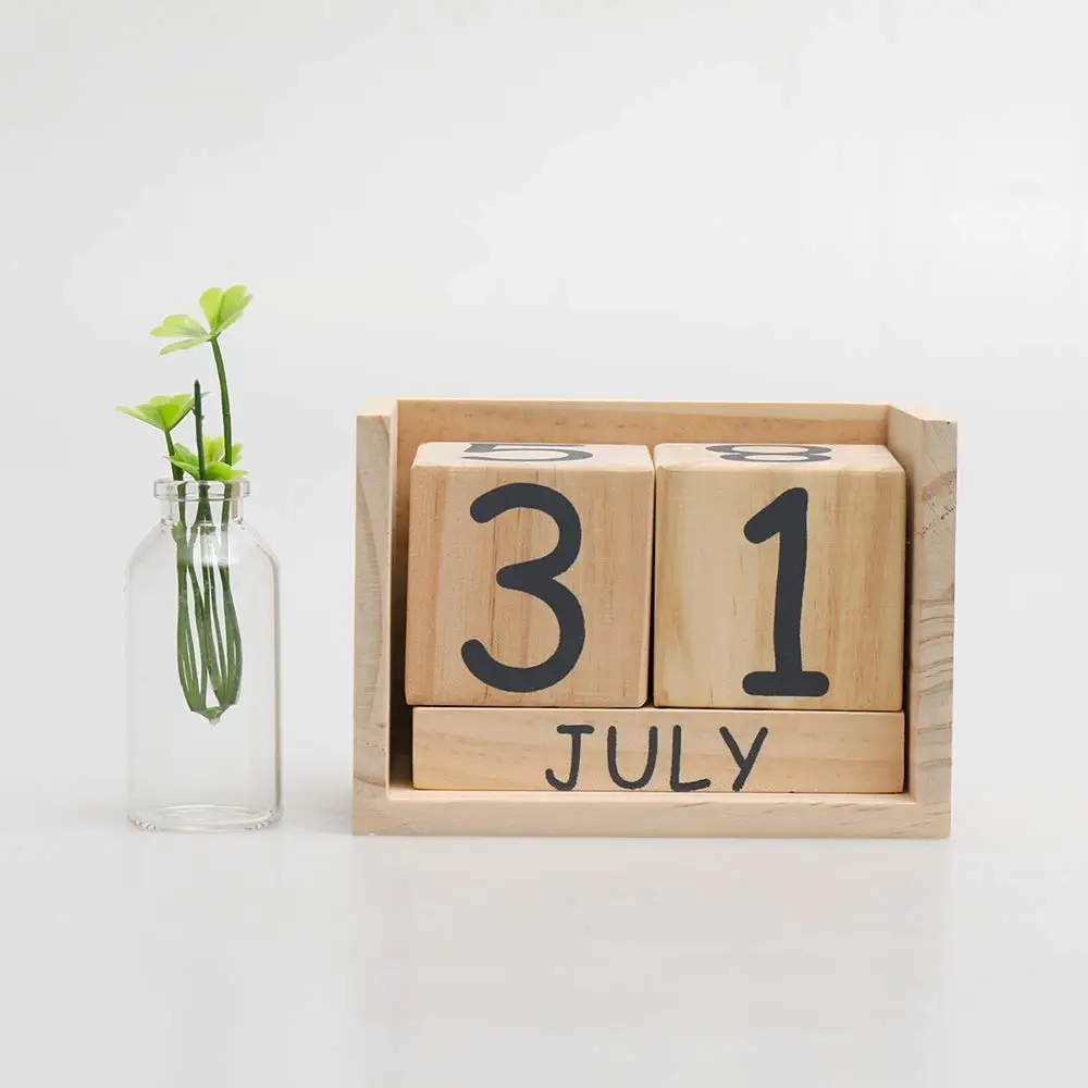 Desk Accessory Calendar  Home Office Decoration Perpetual Soild Wooden Block Calendar