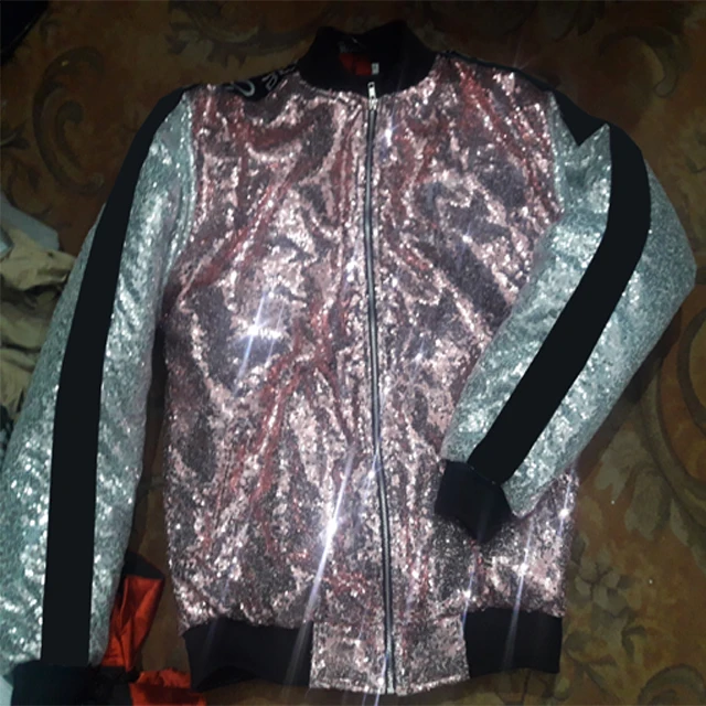 2021 Shiny Sequins Sparkle Bomber Jacket Newest Gold Glitter Striped Zipper Men Jackets And Coats Party Dance Show Clothes