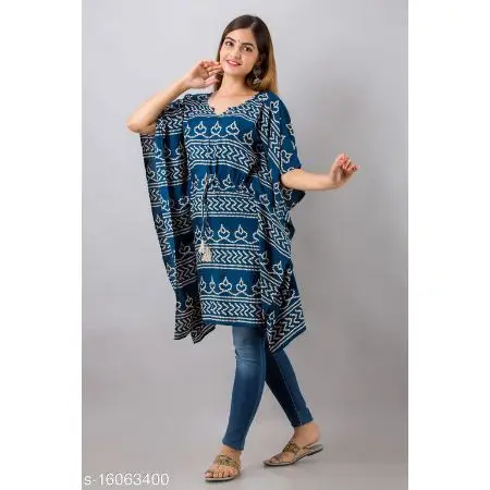 Woke Up Feeling Like A Diva In Navy Blue Hand Block Printed Bandhej Tie-Up Waist Kaftan Crafted With Breathable Cotton Fabric
