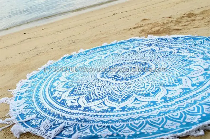 Indian Wall Hanging Dorm Ombre Theme Round Beach Throw Roundie Mandala Yoga Mat Ethnic Pure Cotton Tapestry With Fringe Lace Hem