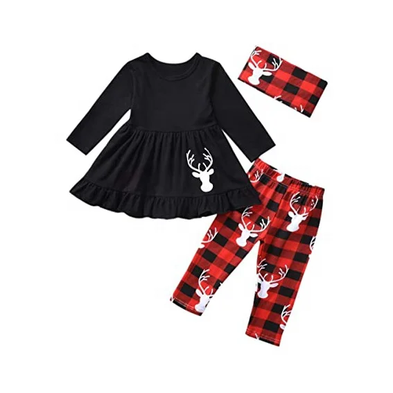 Toddler Girls Christmas Outfits Baby Kids Girl Tunic Drees Tops Buffalo Plaid Pants Scarf Deer Winter Clothes