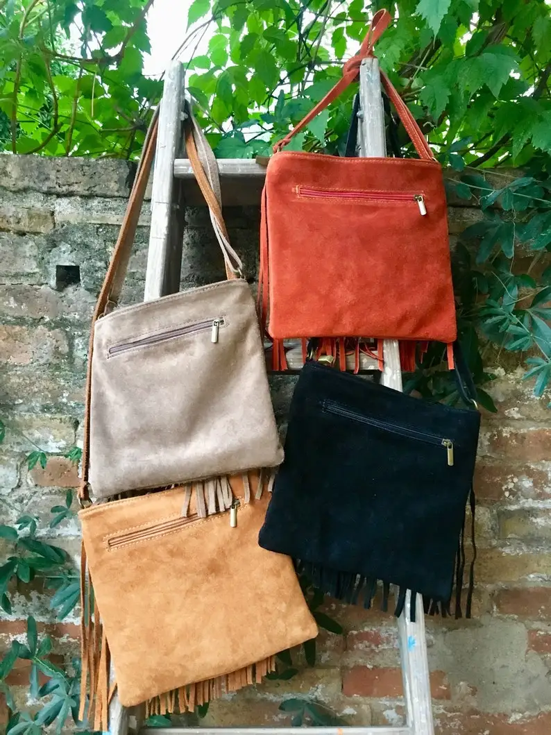 Cross body bag for Women Boho suede leather Bag in Black with Fringe for Wholesale. Messenger Bag in Soft Genuine Suede Leather