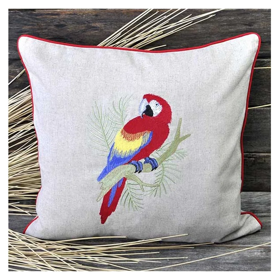 Embroideried Parrot Cushion 100%Linen High Quality Cushion Quang Thanh Embroidery