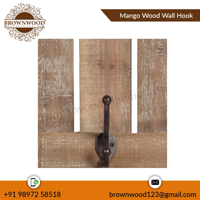 Wholesale Price Burnt White Wash Color Handmade Mango Wood Wall Hook Wooden Hand Carved Wall Hook For Coats & Jackets