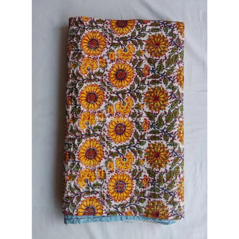 New Multi-Colour Indian Handmade Print Floral Cotton Kantha Quilt Beautiful Wholesale Kantha Bedspread