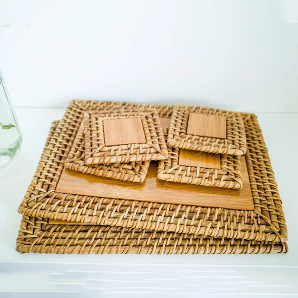 Набор из 6 натуральных деревянных прямоугольных подставок ротанга подставки для кофе/чая в мебели/для улицы оптовая продажа