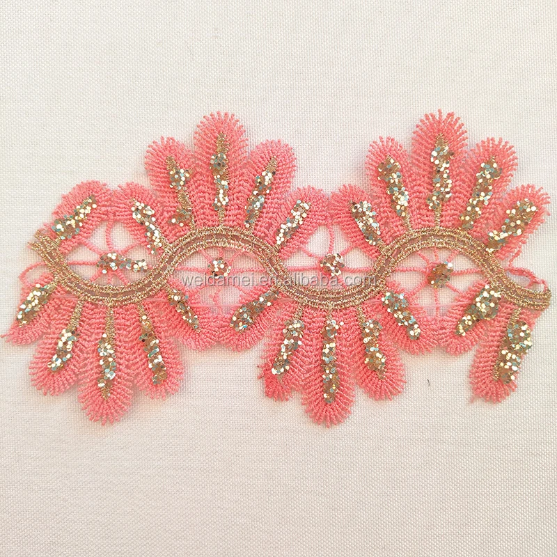 
Soft Pink Lace Trim Embroidery with Glitter Embroidery Floral Eyelash Fancy Lace Trimming Wholesale 