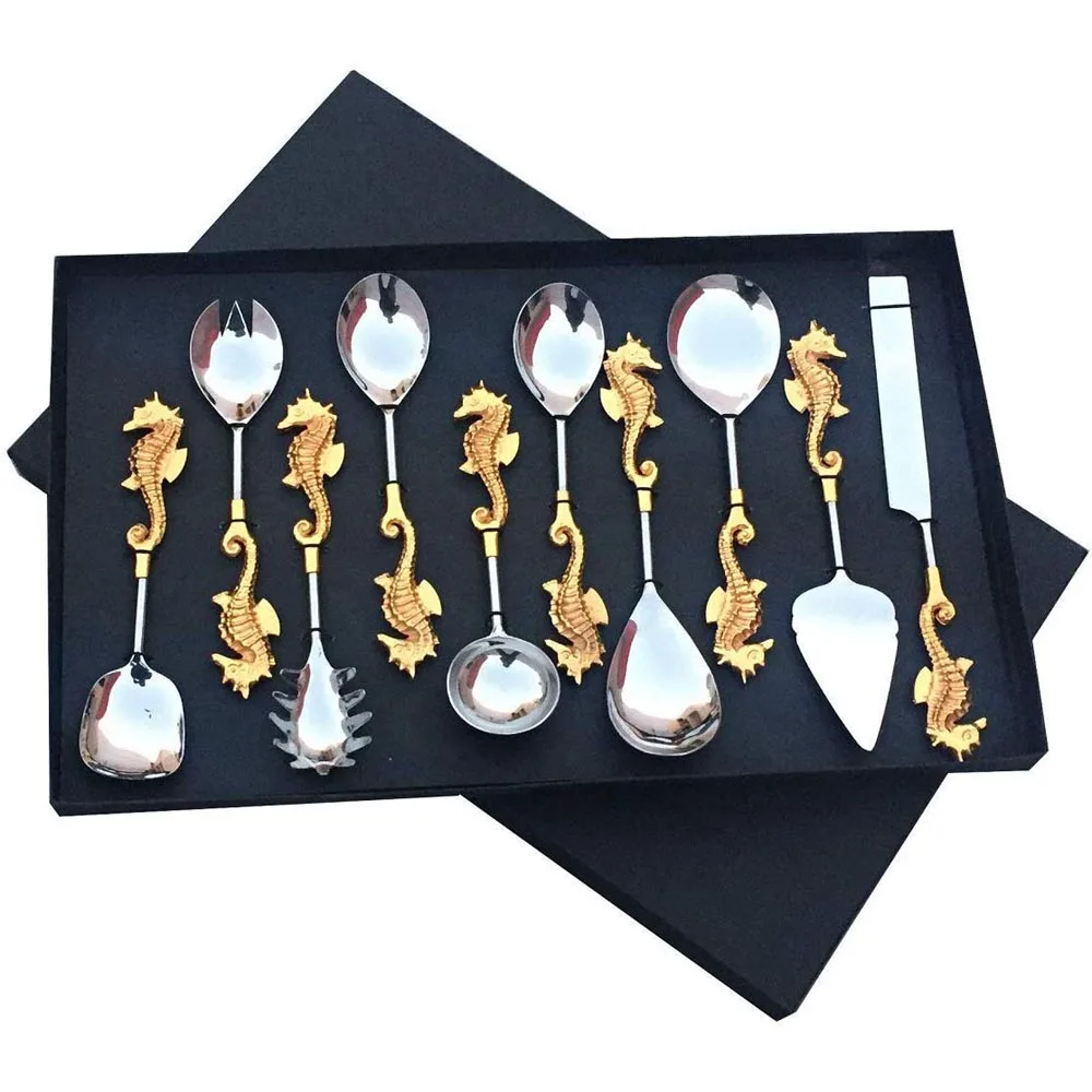 Aluminium Sea Horse Design Multi Serving Utensil Set  Stainless Steel Hostess Serving Gold Utensil Set for home