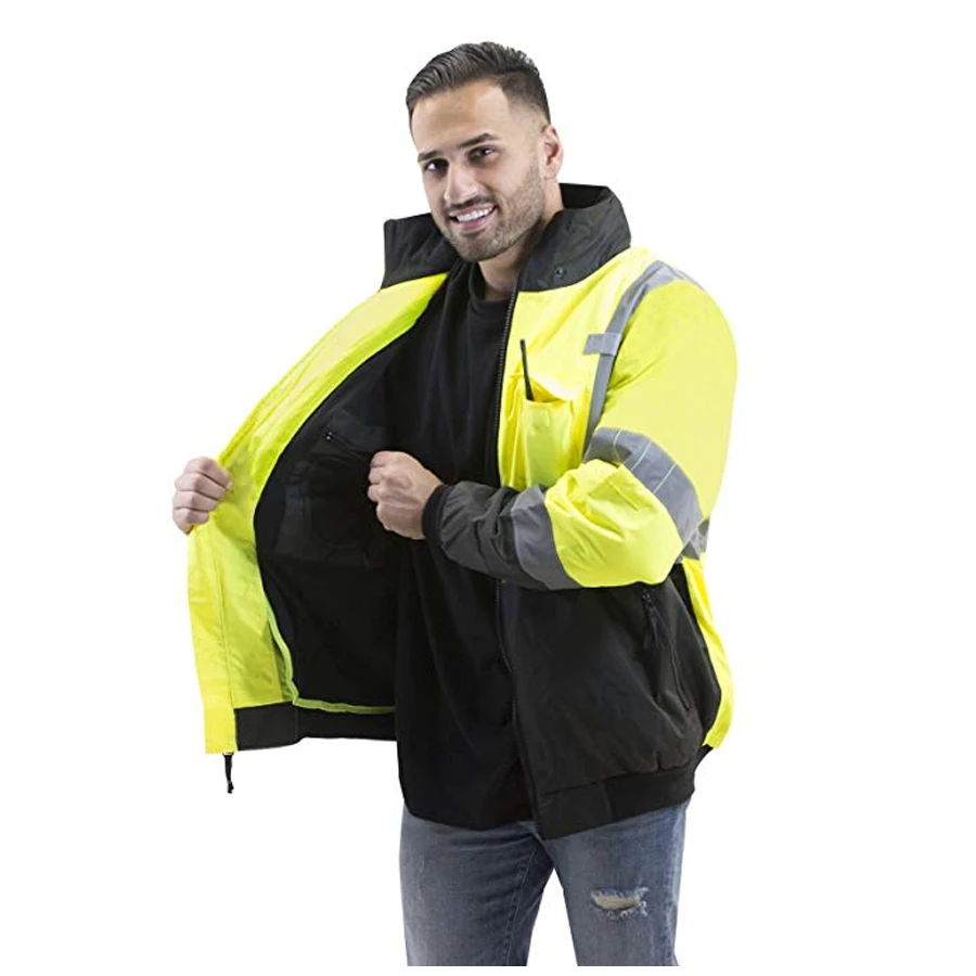 
Autumn Winter Workwear Clothing Reflective Working Clothes High Visibility Waterproof Zipper Bomber Jacket With Rip Stop Safety 
