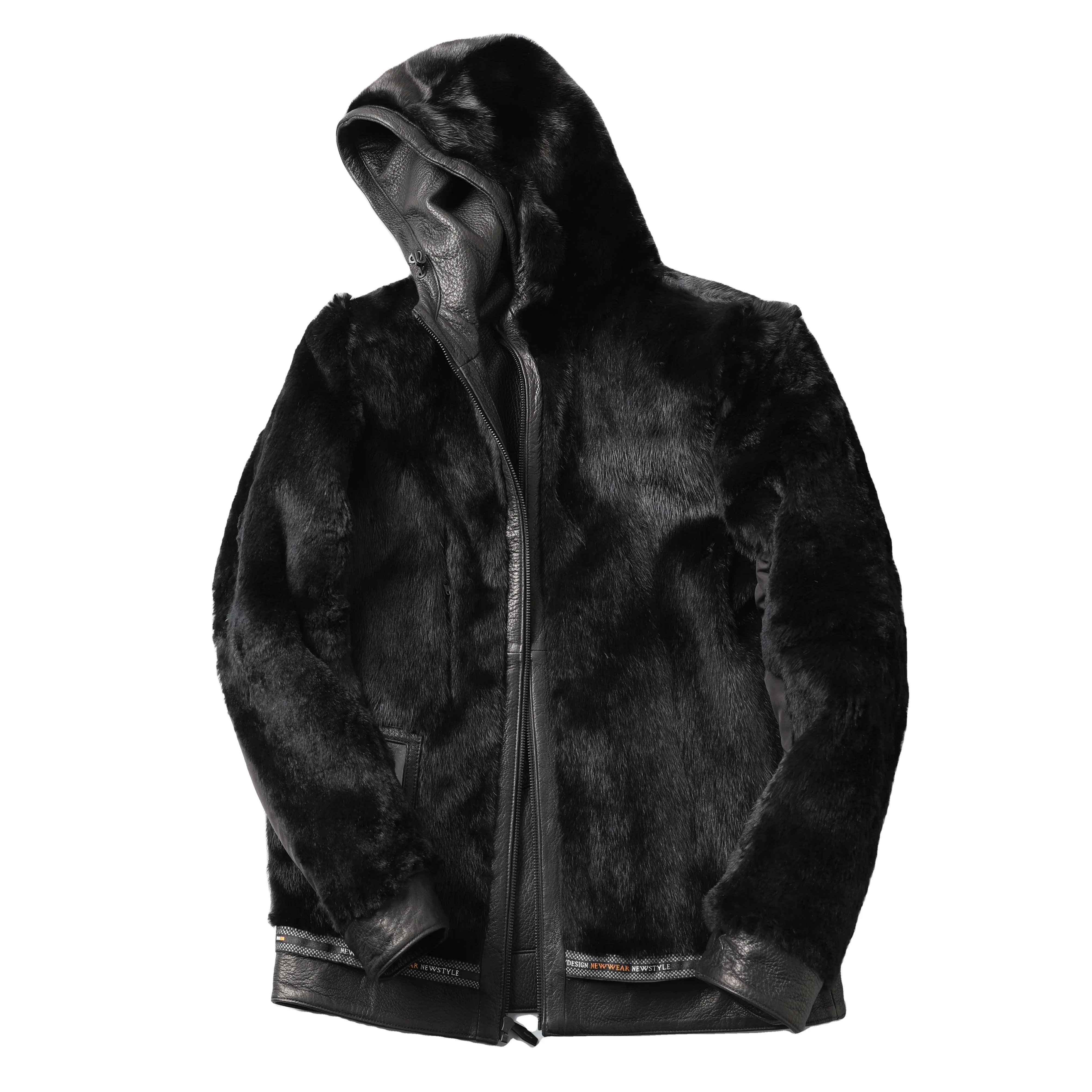 Мужская куртка из натуральной кожи пальто козьей шкуры и меха норки длинная Меховая с капюшоном теплые зимние черная кожаная