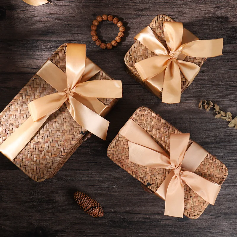 New Arrival Eco-Friendly Bamboo Square Rectangle Hamper Wood Chip Wicker Packing Custom Gift Boxes With Ribbon