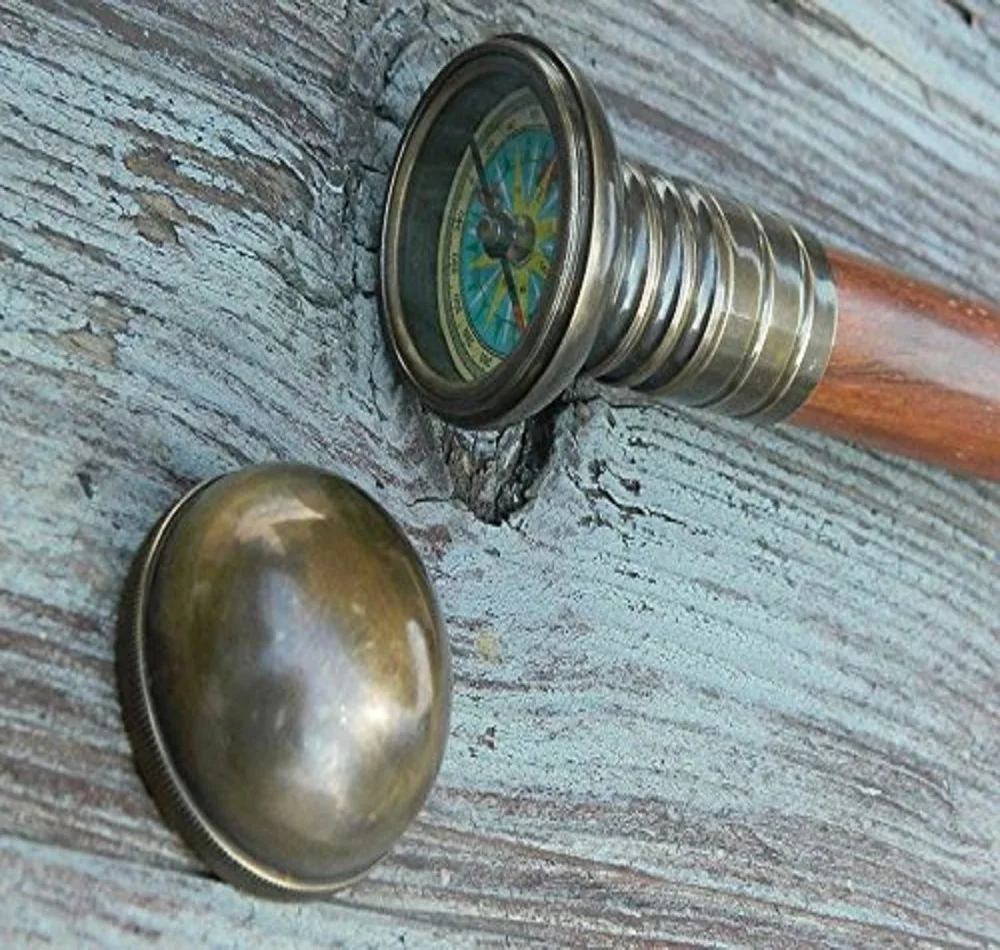 Handmade Antiqued Brass Compass Walking Stick Wood Cane Antiqued brass solid hardwood construction Fully functional compass