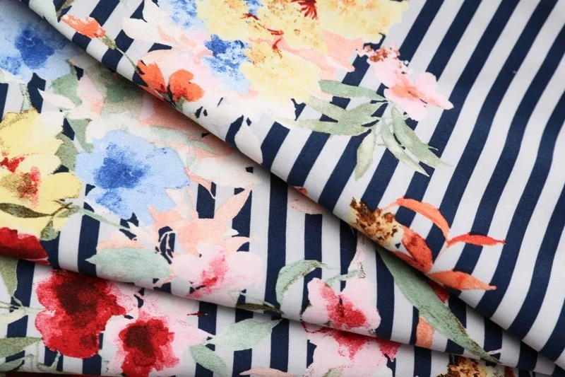 
Stripe Floral Printed Cotton Satin Power Stretch 96.5%Cotton 3.5%Spandex Fabric 