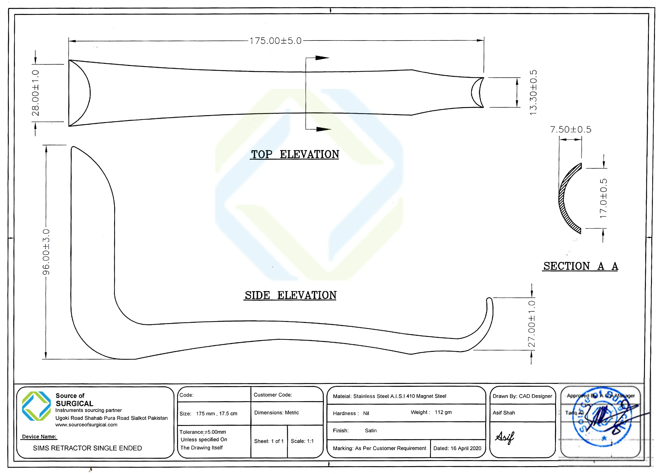 Sims Vaginal Speculum Single Ended Gynecology