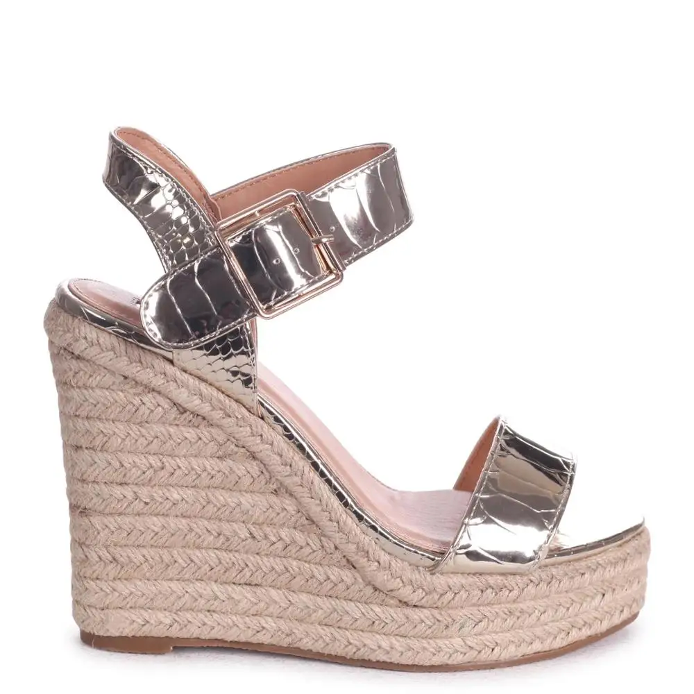 Women Attractive Gold Croc Rope Ankle Strap Platform Sandals Ladies Party Shoes (sandalias mujer) Heeled Sandals Footwear