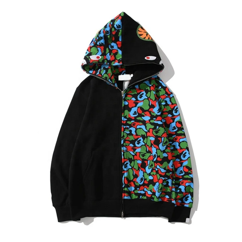 High Quality Split Color Two Tone Plus size Hooded Blank Unisex Streetwear Hoodies Graphic Skeleton Custom Full Zip Up Hoodie