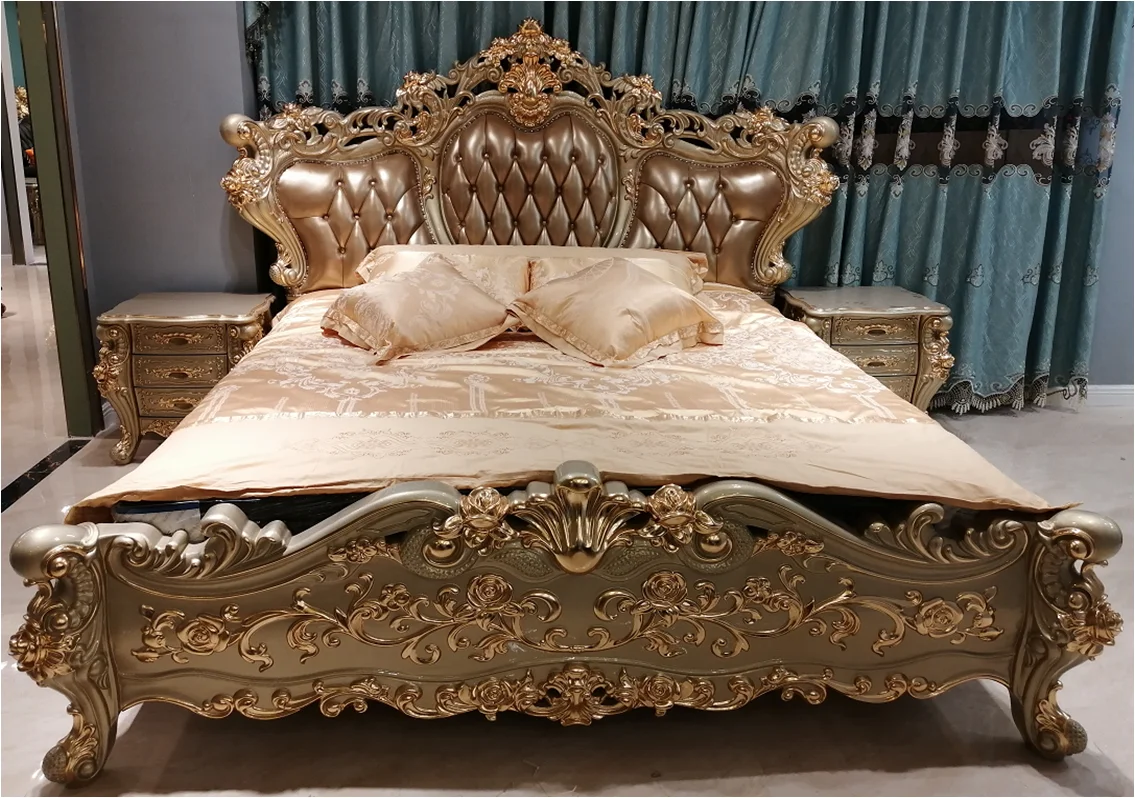 Antique Golden Bed Luxury King Size Bed European Style bedroom furniture Royal leather wooden bed