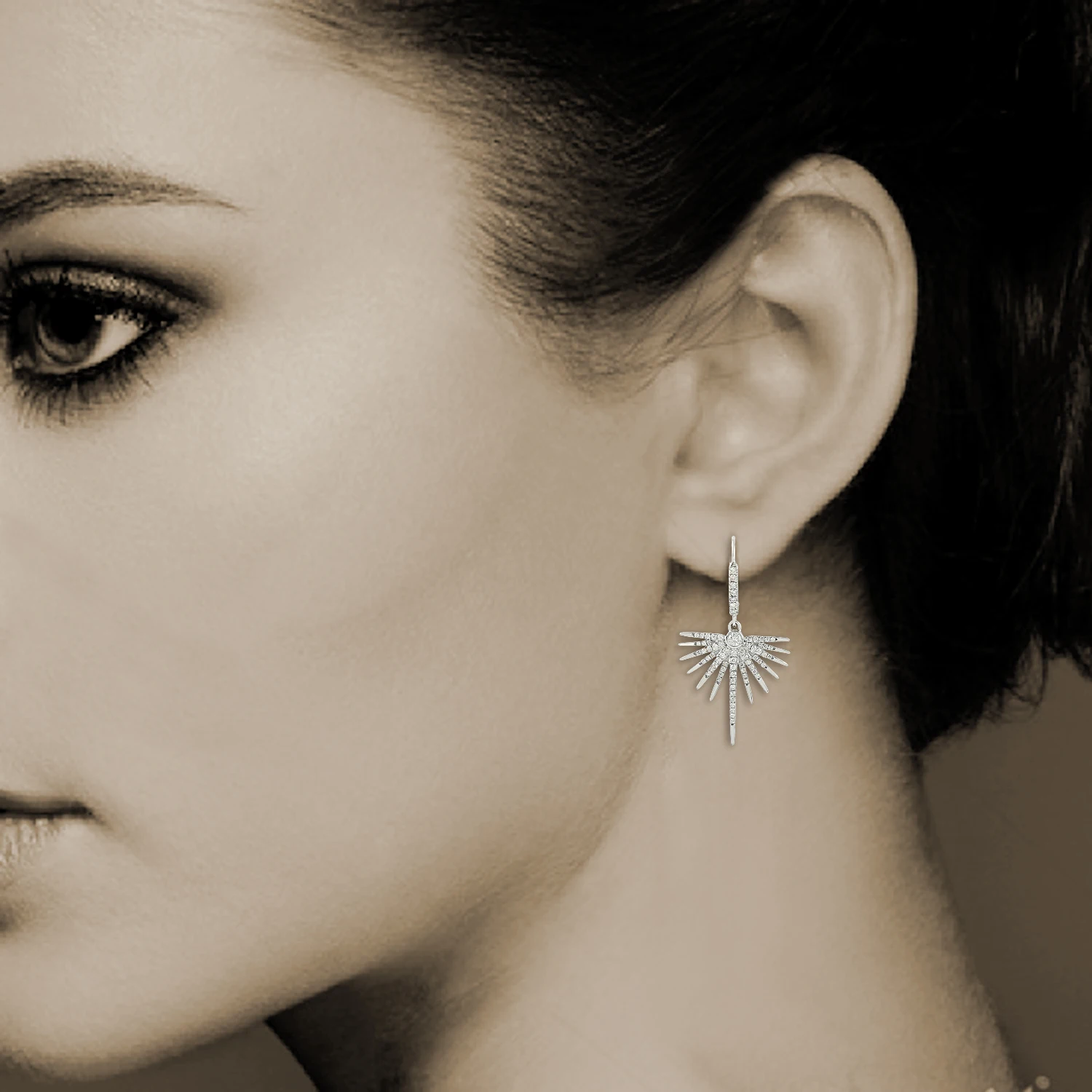 
18k White Gold Star Burst Dangle Earrings Gemstone Jewelry For Her 