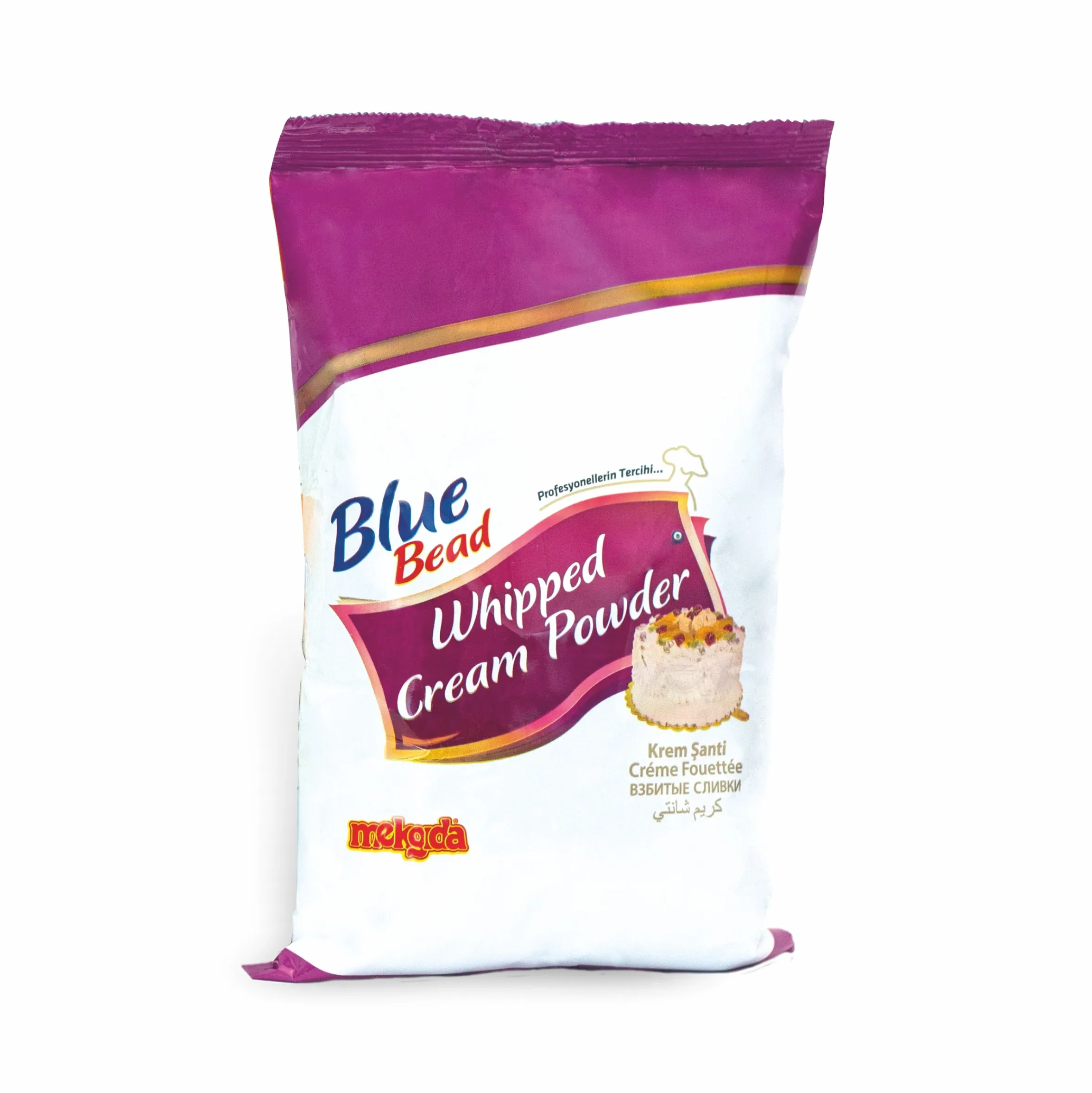 Порошок взбитого крема с синими бусинами в пакетах из крафт-бумаги