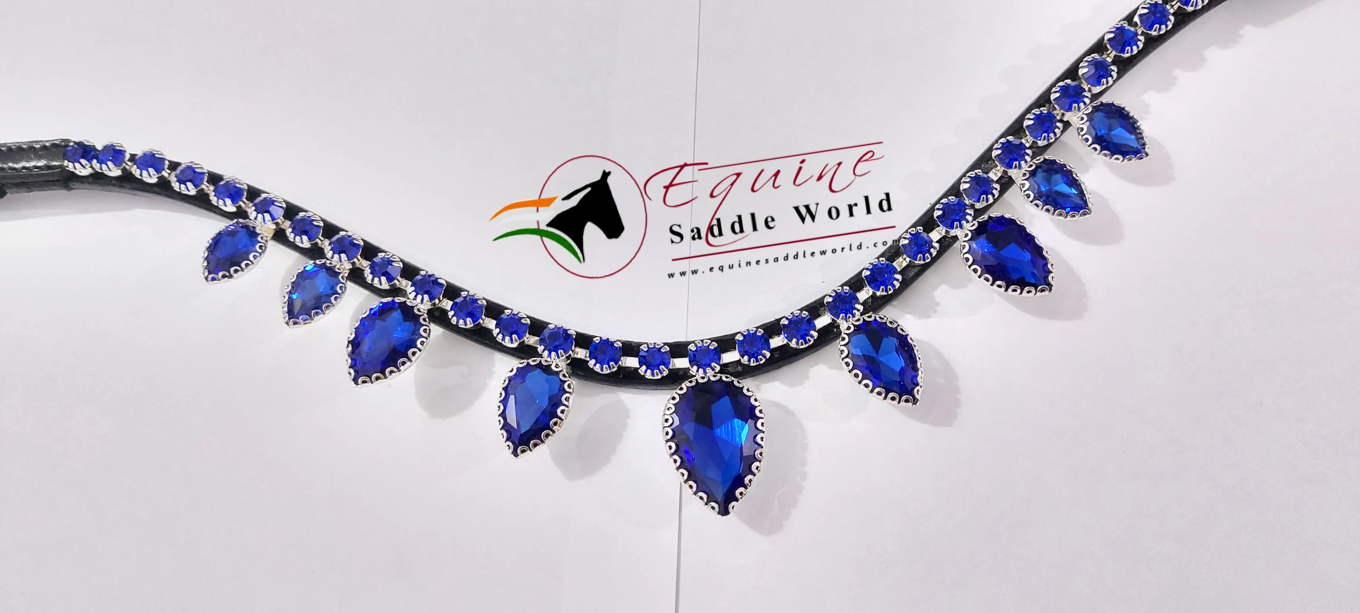 LUXURY EQUESTRIAN HORSE BROW BAND WITH BLUE HANGING CRYSTALS TRENDY WITH BACK OPEN STICKY TAPE AT LOOP.