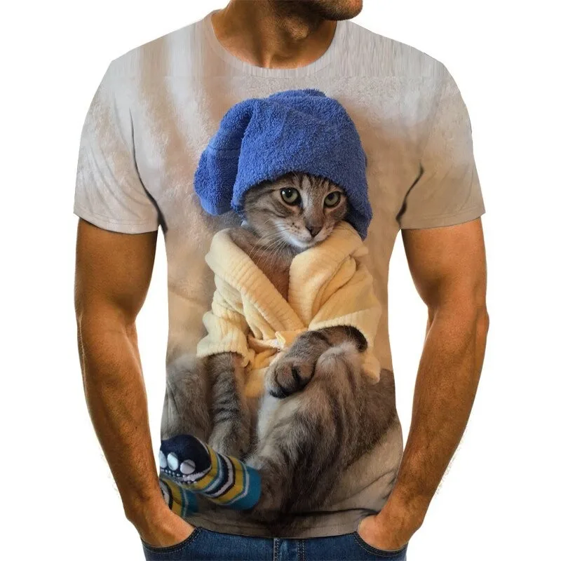New men summer animal cartoon cats round neck short sleeve t shirt men casual short tops different animal printed in t shirt