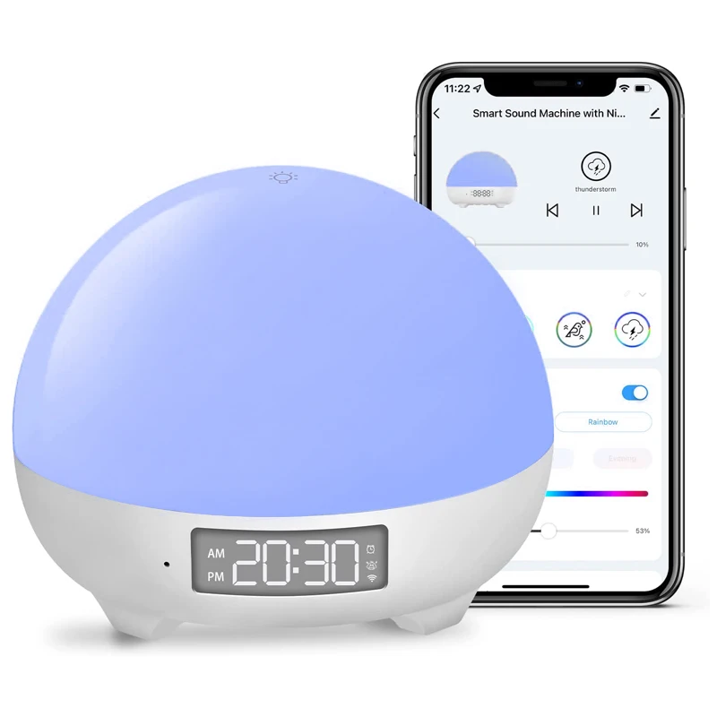 Portable Smart White Noise Baby Night Light with Alarm Clock, App control to define your own personal sleep routine
