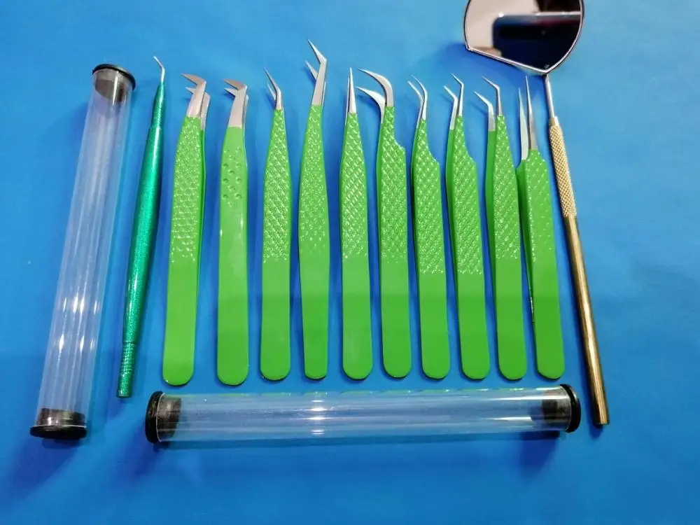 
Green 10 Tweezers Set With Mirror pakistan coated eyelash extension tweezers set with private labeL Under your private logo 