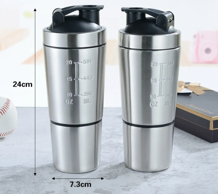 Stainless Steel Shaker with Built-In Mixing Lid & Mixer Ball,Premium Shaker Bottle with Twist Storage Compartment Cup