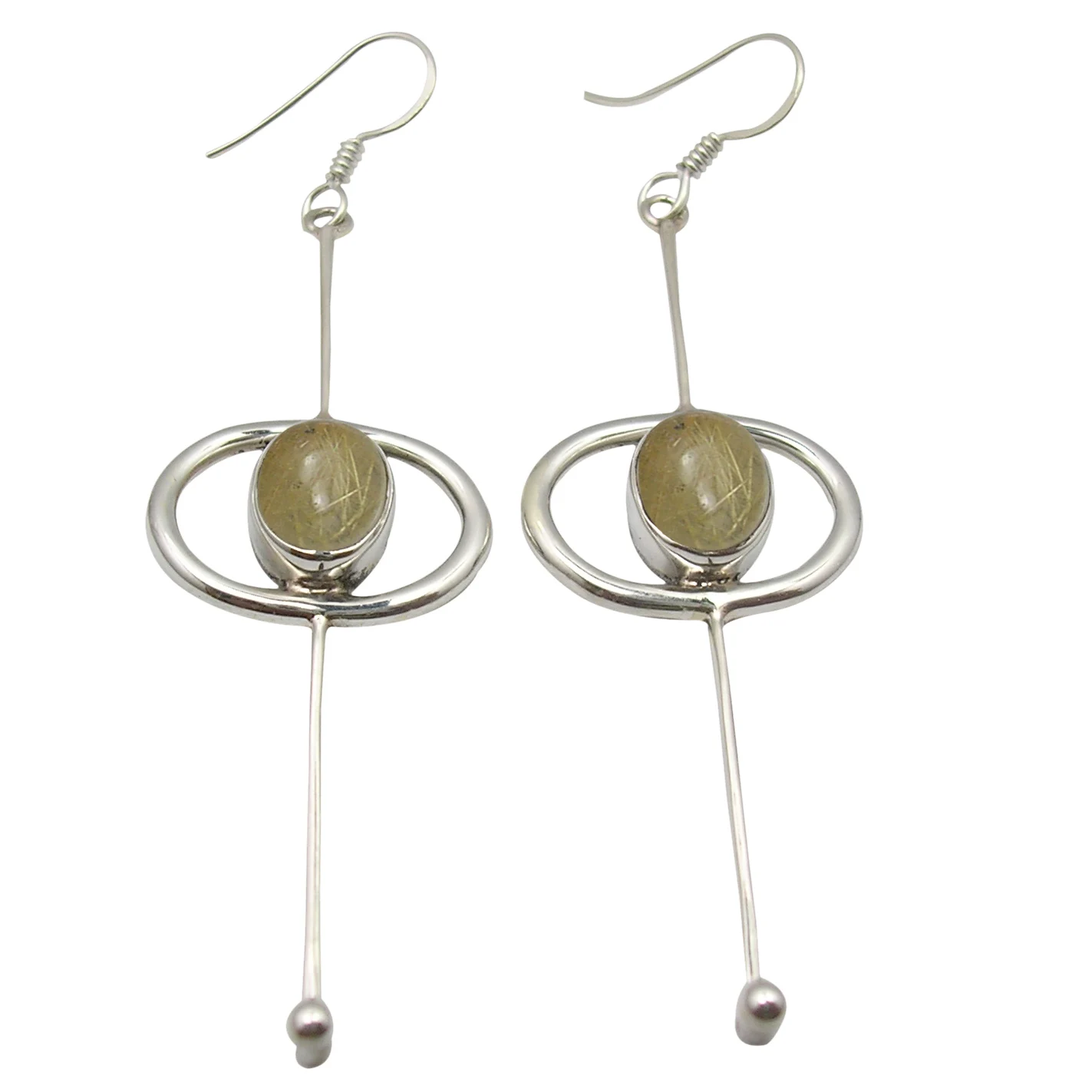 
Gemstone natural jewelry 925 real sterling silver cab oval shape golden rutile quartz long dangle earring 