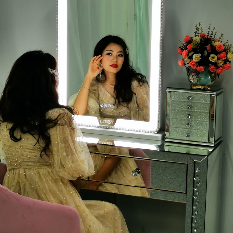 Furniture Manufacturers Glamour Sparkly Crushed diamond Mirrored Vanity Dressing Table With Stool