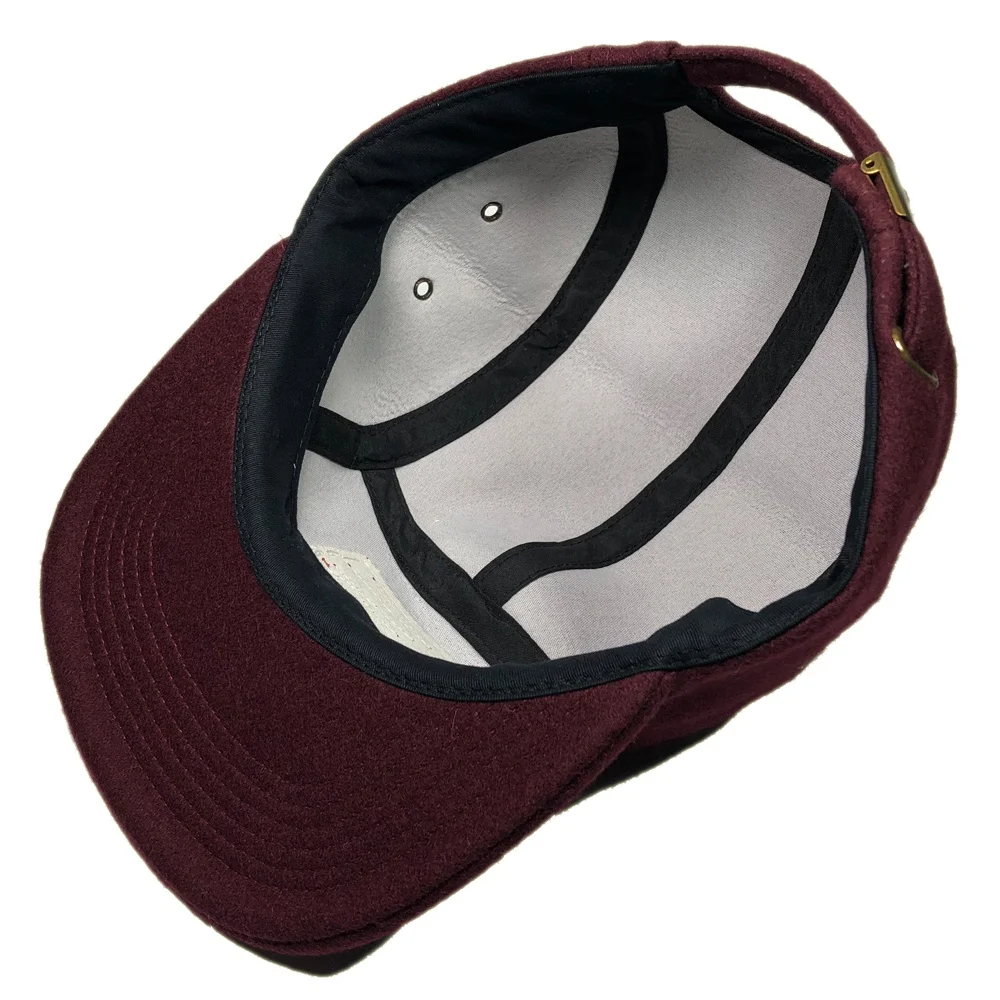 OEM claret men private woven label custom logo woolen winter 5 panel cap hats