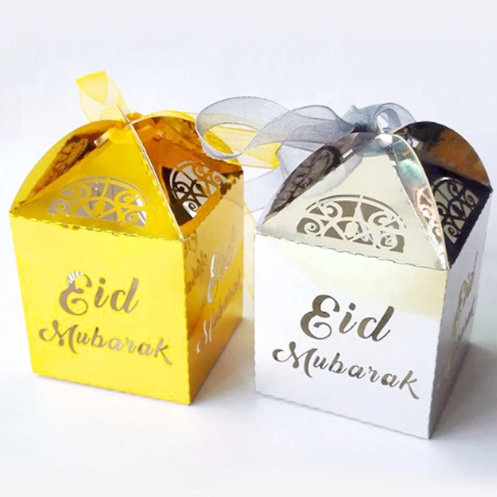 Muslim Paper Ribbon Eid Mubarak Candy Box Chocolate Sweet Packaging Box for Happy Ramadan Party Decoration Candy Boxes