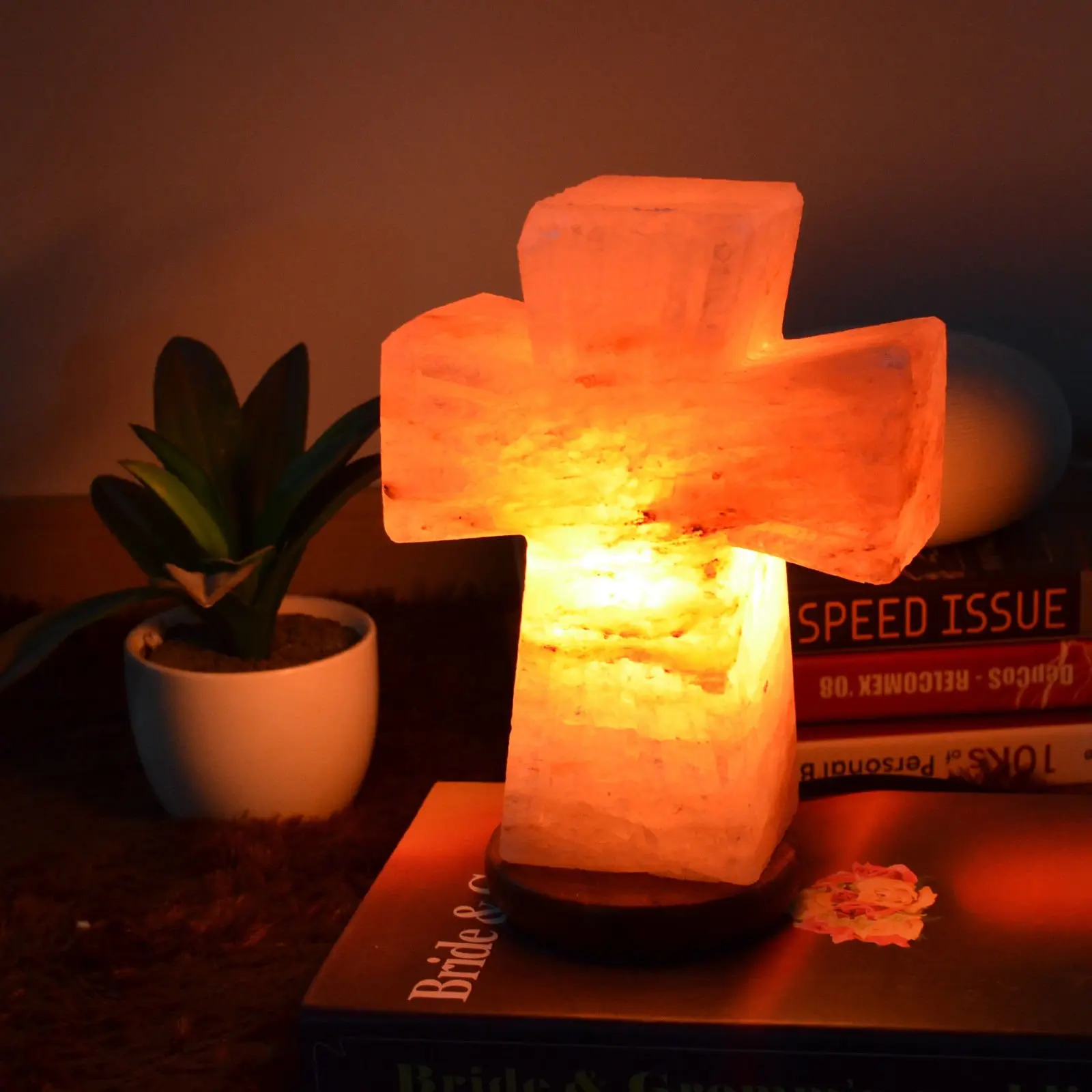 Handcarved Crystal Pink Dreamcatcher Cross Shaped Holy Design Rock Salt Lamp with Premium Quality Wood Base and Power Cable