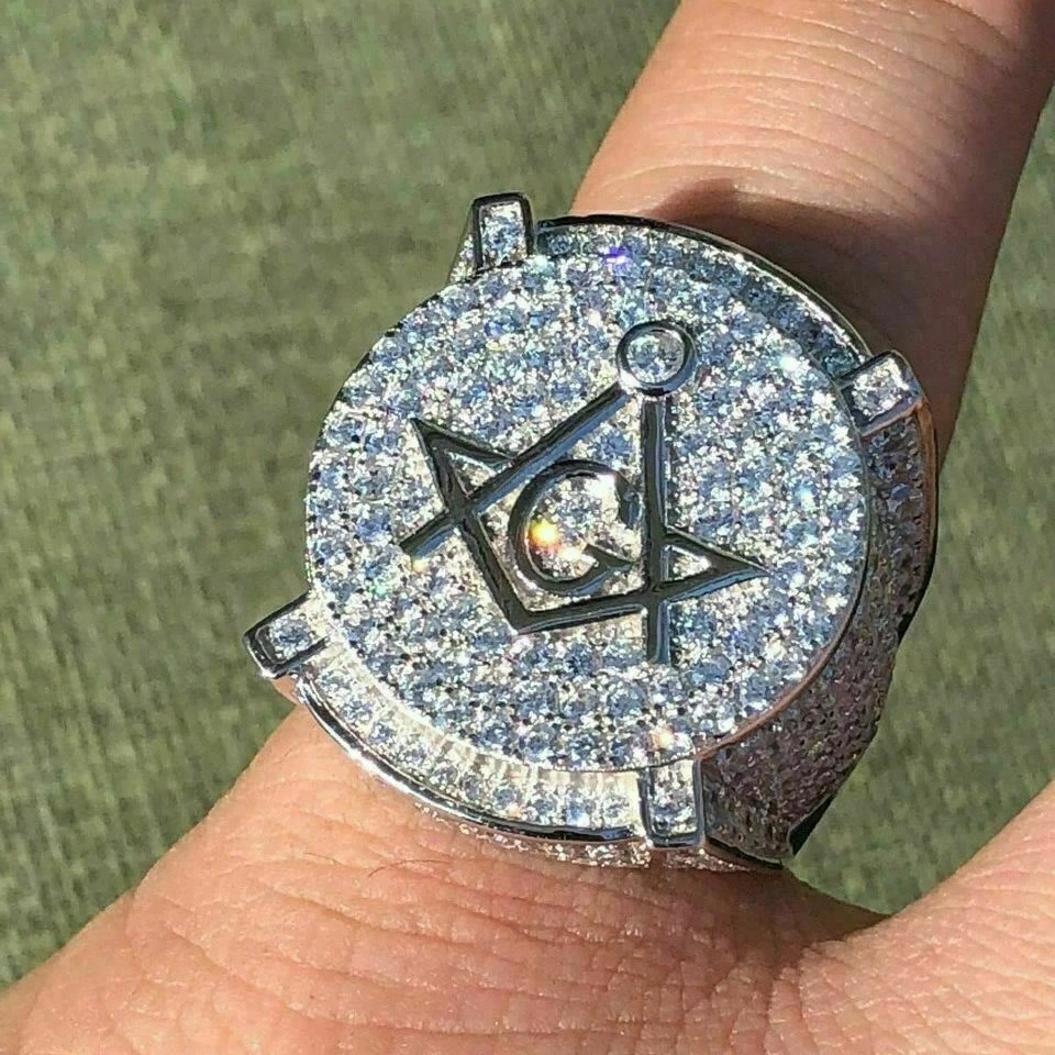 Mens Large Solid 925 Silver Iced Diamond Masonic Ring Round Moissanite Hip hop Gold Over Ring Anniversary Gift For Him by Ritzin