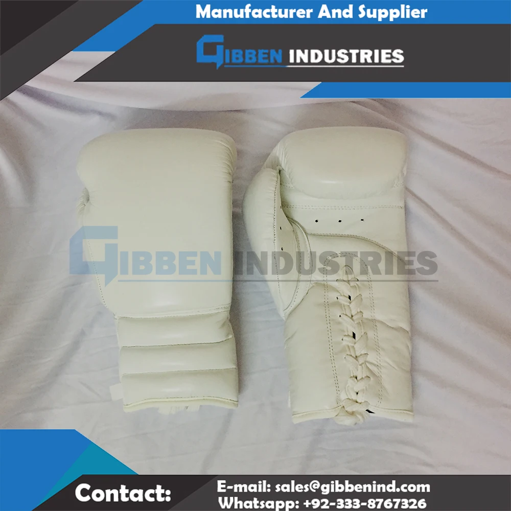 High Quality White Color Cowhide Leather Lace Up Boxing Gloves With Customized Logo Printing