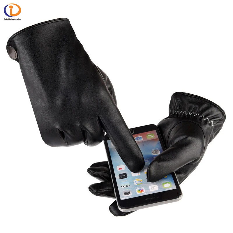 Men Pu Leather Fleece Lined Gloves Waterproof Warm Winter Driving Motorcycle Touch Screen Leather Gloves