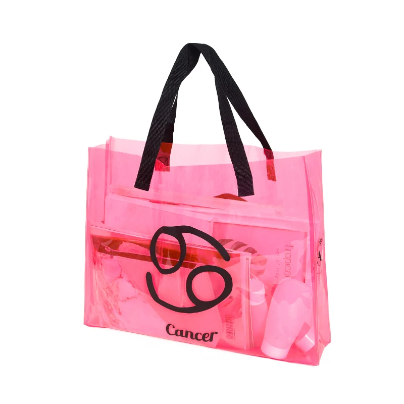 customized 12 constellations big size waterproof transparent pvc travel tote bags clear shopping bag