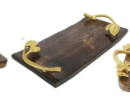 High quality wooden Tray With metal  Handles Customized Serving Tray Custom Decorative Rustic Extra Large Torched  Breakfast try